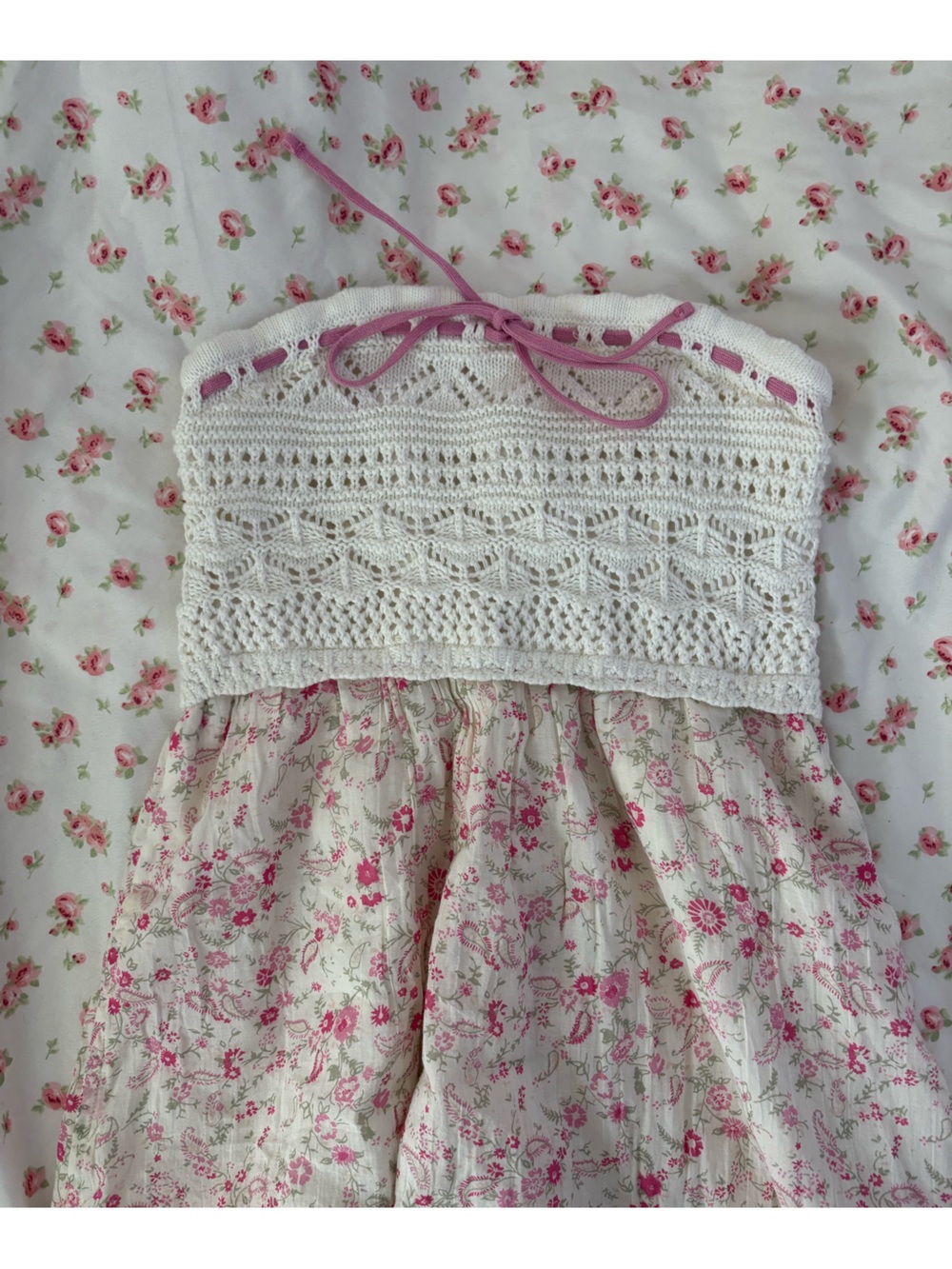 Hollister White Crochet Bodice Pink Floral Strapless Dress